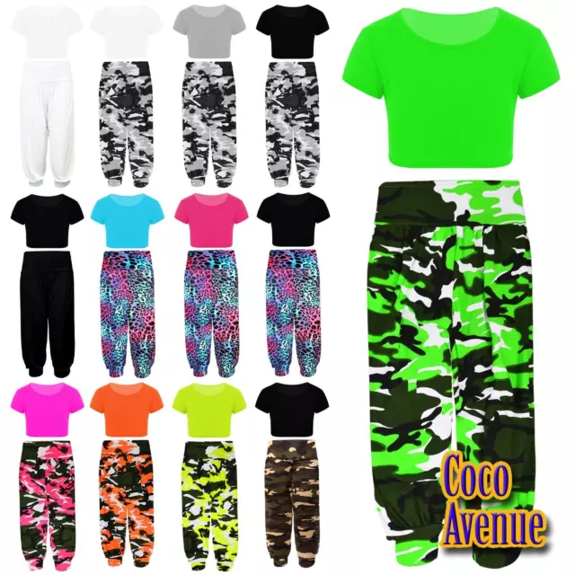 Kids Girls Neon Crop Top Army Printed Alibaba Harem Leggings Co Ord 2 Pcs Set