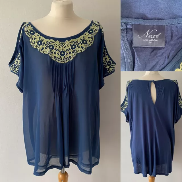 Next Blue Chiffon Top Blouse Jersey Back Yellow Embroidery Cold Shoulder Size 20