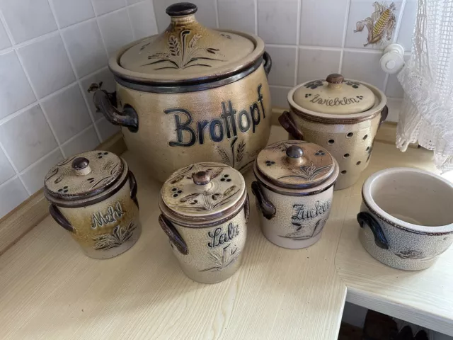 Steingut Keramik Küchenset, Brottopf, Zwiebeltopf, Mehltopf, Salztopf