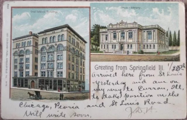 Springfield, IL 1905 Color Litho Postcard: Odd Fellows Bldg & Lincoln Library