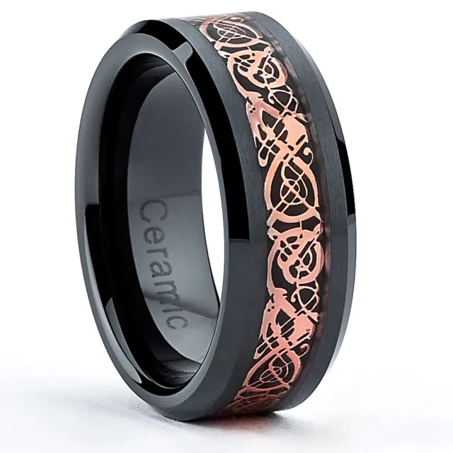 8MM Black Ceramic Celtic Dragon Over Carbon Fiber Inlay Wedding Band Ring