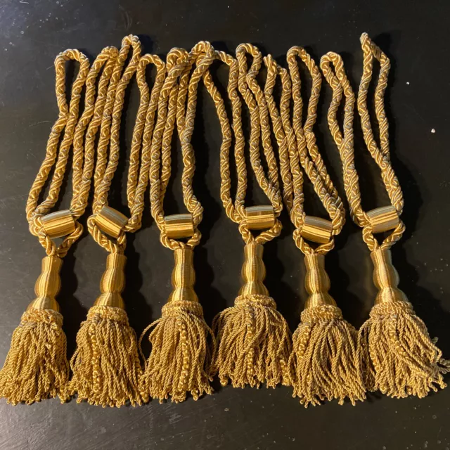 Set 6 Drapery Curtain Braided Tie Backs Tassels Gold 18” Large