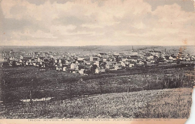Iron River MI Michigan Early 1900s Aerial View Downtown Church Vtg Postcard A43