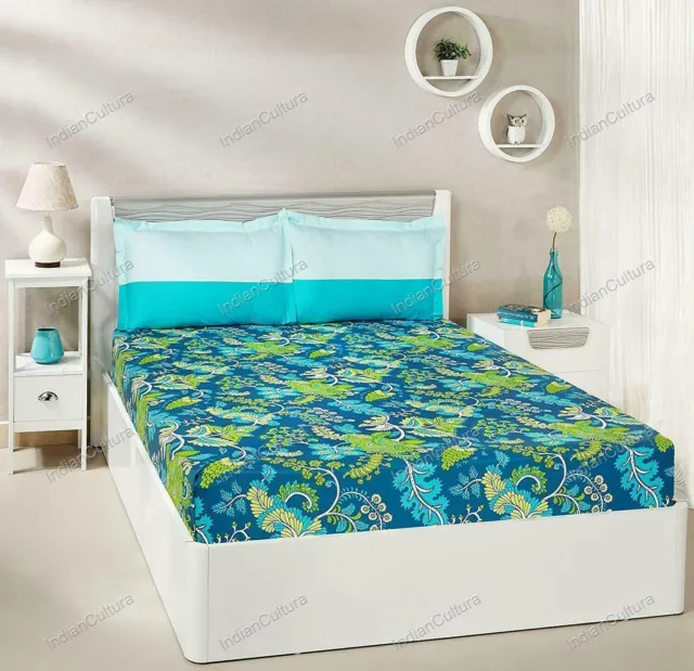 Turquoise - Floral Imprimé Coton Double Lit Drap Avec 2 Housse Oreiller Handmade