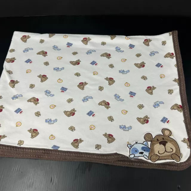 Just One Year Carters White Baby Blanket Blue Raccoon Brown Bear Camp Cotton