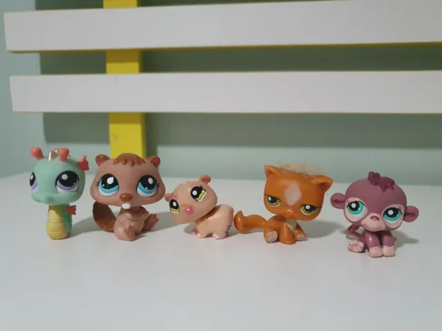 Lps Littlest Pet Shop Toys Cat Seahorse Hamster Beaver Monkey X5 Lot 1