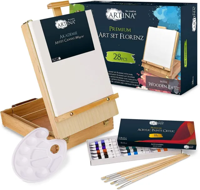 Set di pittura in valigetta, Cassetta e cavalletto, Colori acrilici e pennelli