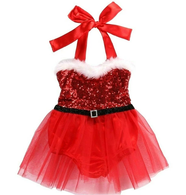 Bambine Costume Tutu Natale Neonati Set Tutina Vestito Pizzo Maniche Cintura