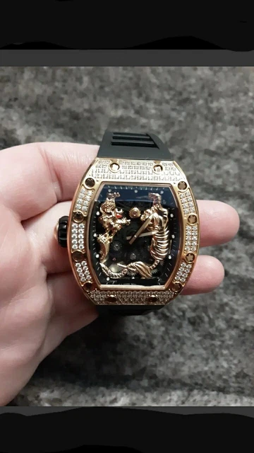 Mens Automatic Rose Gold Simulated Diamond Stainless Steel Tiger VS Dragon Watch