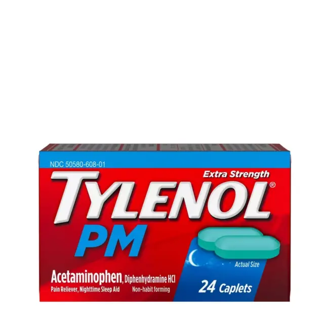Tylenol PM Extra Strength Pain Reliever Nighttime Sleep Aid Caplets 24Ct 12 Pack