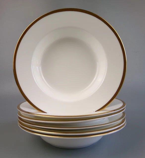 MINTON &HORIZON& SOUP Plates x 6. Bowls. Rimmed White Bone China & Gold