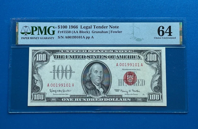 1966 $100 Legal Tender FR1550 PMG 64 CH UNC , Red Seal!!!