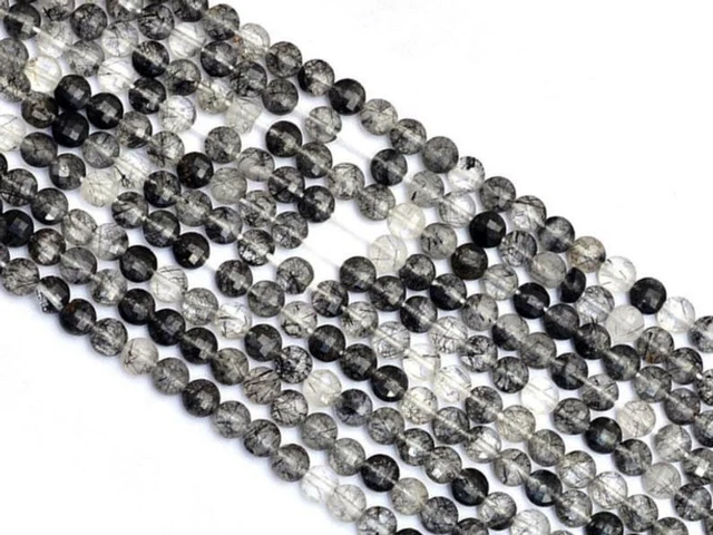 Noir Rutile Quartz Gemme 3mm-4m Pièce Forme Checker Coupe Facettes Perles 33cm