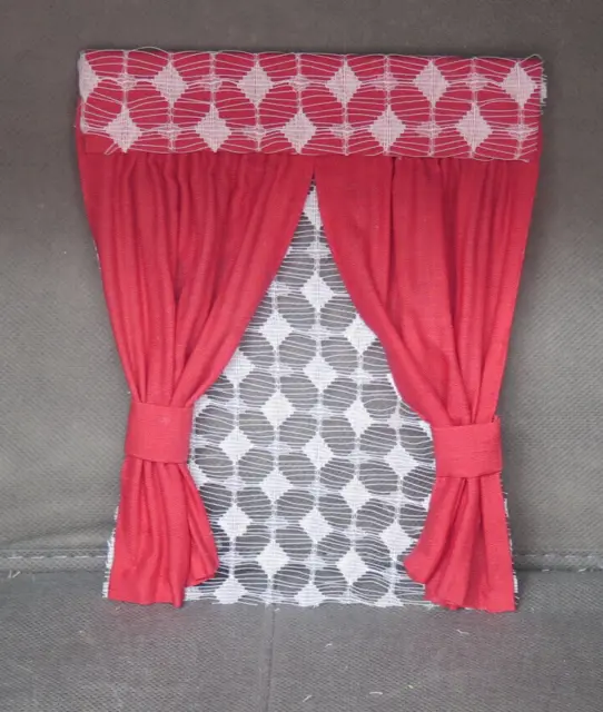 Red With White Net  Curtains   For 1:12Th Scale Dolls House 6+" Long