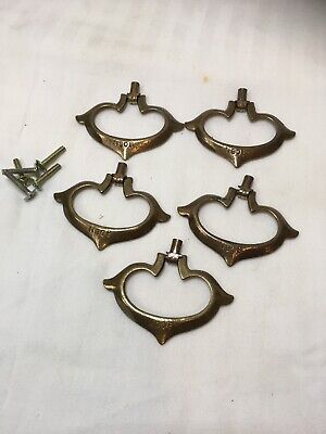 5 Vintage Brass Door Drawer Ring/Drop Pulls Handles Hanging Heart Shaped N908