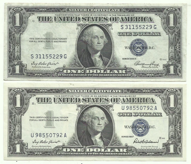 1935E & 1957 $1 SILVERS! 2 Notes! (~ CRISP HIGH GRADE ~) Old US Paper Money!