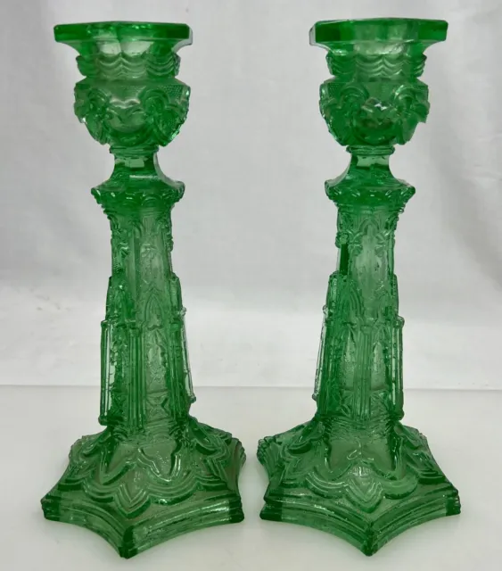 Antique Green Vaseline Flint Glass Cathedral Candlesticks - 92262