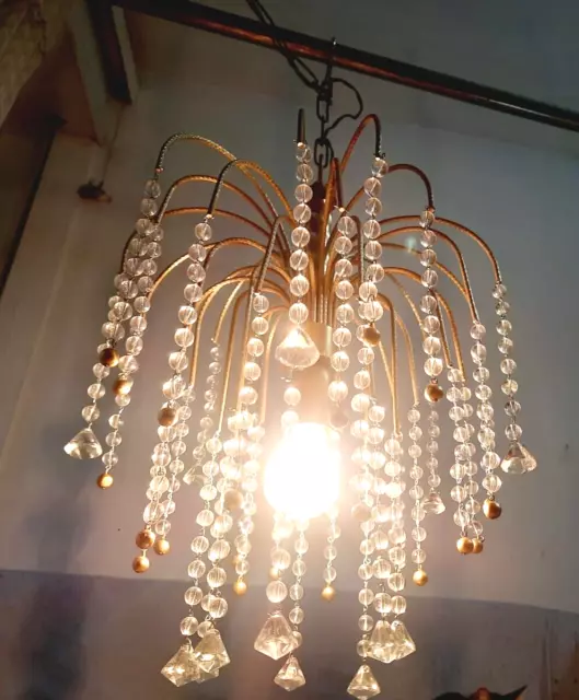 Lampadario oro con gocce in cristallo a cascata 70's Chandelier Lustre 3