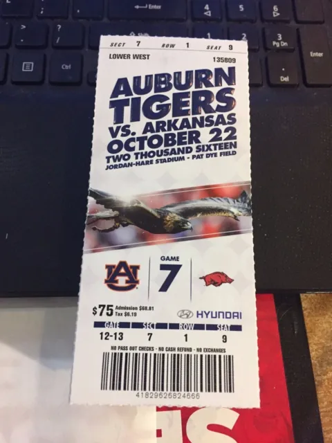 2016 Auburn Tigers Vs Arkansas Razorbacks College Football Ticket Stub 10/22