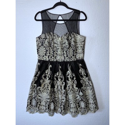 Liza Luxe Modcloth Size XL Gold Black Lace Floral Dress Embroidered Scallop Hem