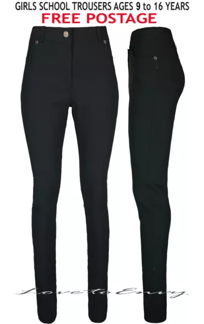 Girls Black School Trousers Kids Age 9-16 Quality Stretch School Pants Trousers.