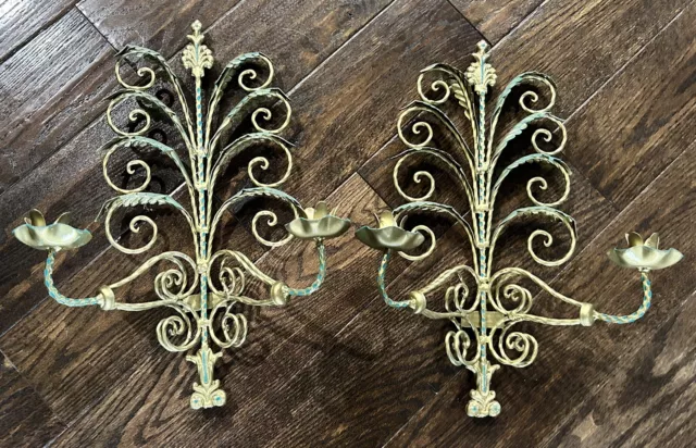 2 VTG Scrollwork Tole Candle Wall Sconces Hollywood Regency French Italian Brass