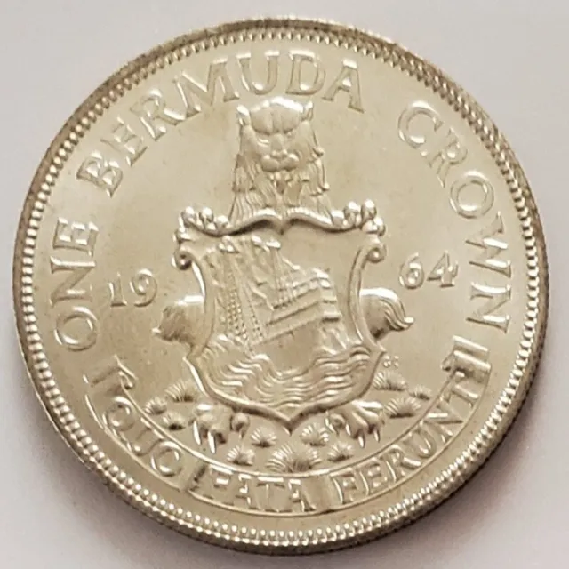 1964 Bermuda Crown; Silver, AU, KM# 14, QEII, See ALL Pictures; FREE Shipping!