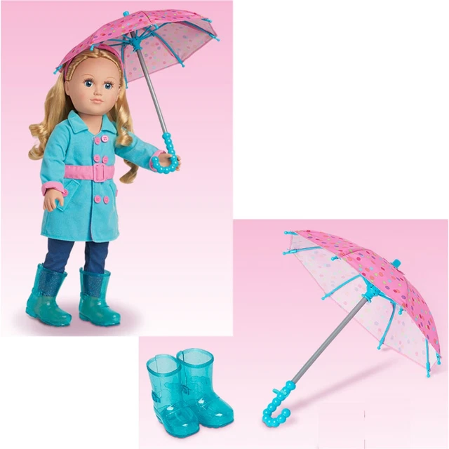 My Life As 18" Doll Umbrella + Glitter Rain Boots ~ Pink Turquoise Polka Dots