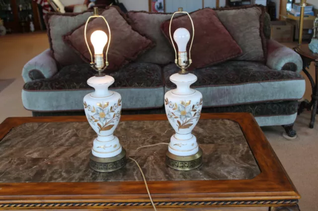 Floral & Gold Leaf Vintage West German Electric 3-Way Hand Painted Table Lamps
