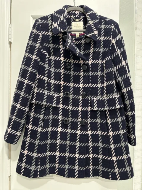 Kate Spade Light Pink/Gray/Black Plaid Mid Length Coat Women’s  L Wool Jacket