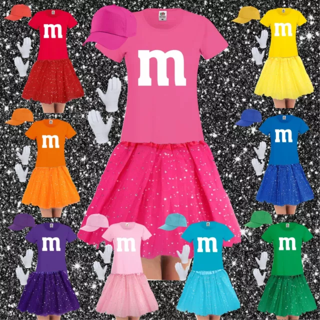 Glitzer M&M Kostüm Tütü Tüllrock T-Shirt Gruppenkostüm für MM Fan Damen Karneval