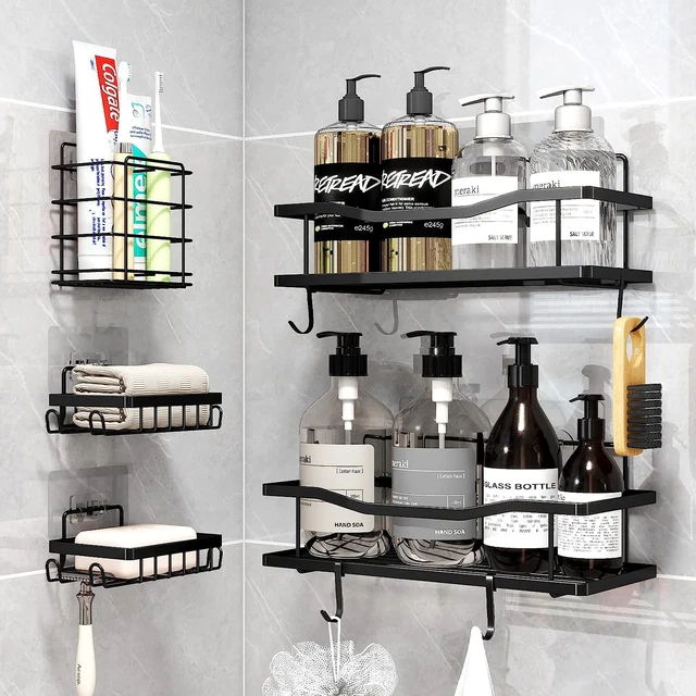Paquete de 5 caddy de ducha, organizador de baño, estantes de ducha adhesivos fuertes, sin taladro