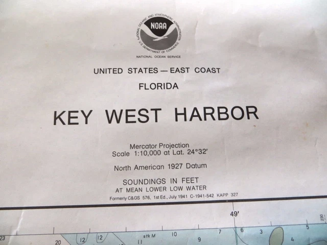 Key West Harbor NOAA Florida Keys Nautical Chart 37 X 44 Rare 1986 Vintage GC FS