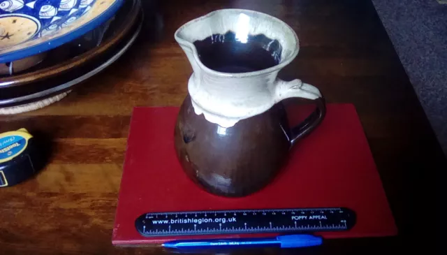 Vintage Stoneware Drip Glaze Pottery Hand Thrown Milk Jug Brown Cream. 6.75"Tall