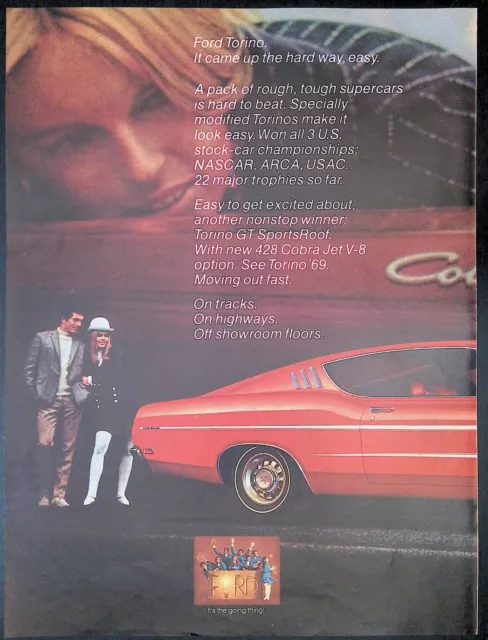 Print Ad 1969 Red Ford Torino GT Sports Roof 428 Cobra Jet V8 Sexy Couple