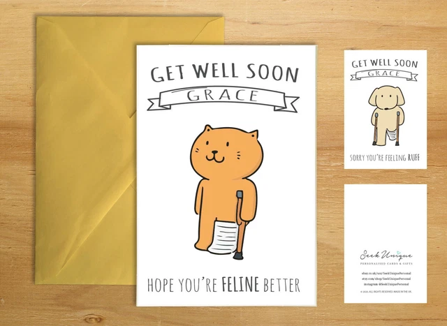 Carte De Vœux Get Well Soon Humour Chien Chat - Personnalisable - Neuf