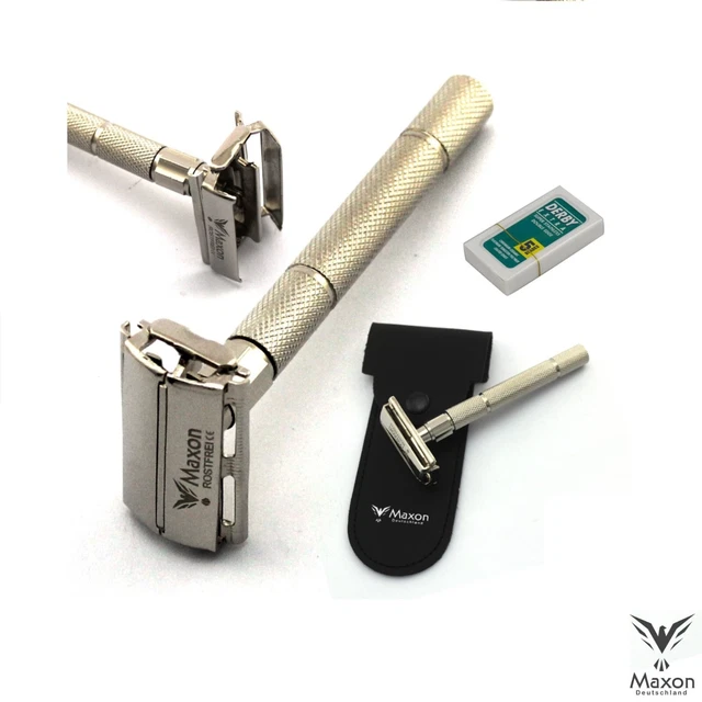 Cepilla de afeitar Maxon + 5 cuchillas de afeitar afeitadora húmeda cromada con estuche + 5 cuchillas