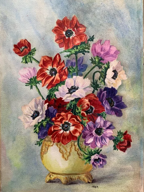 Portrait Flowers Painting Antique Vintage 1957