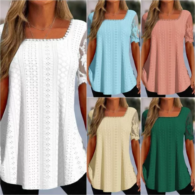 Womens Ladies Plus Size Lace Sleeve Blouse Summer Tunic Tee Shirts Tops 》