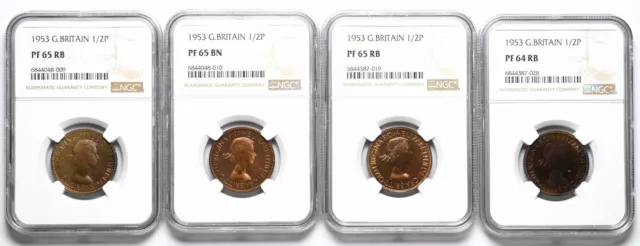 GREAT BRITAIN 1953 Elizabeth II Coronation Proof Halfpenny, NGC Lot of 4