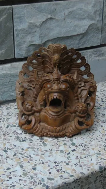 Antique 19C Chinese Teakwood Hand Carved Dragon Ritual Mask Crown Over The Head