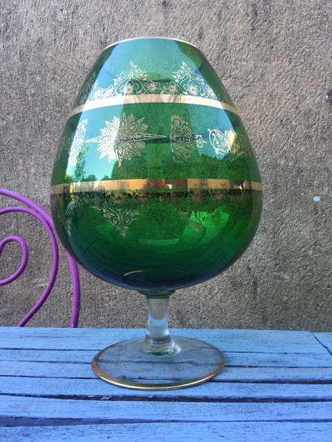 Coupe En Verre Souffler - Grand Vase Vert -  Verre A Pied Ancien