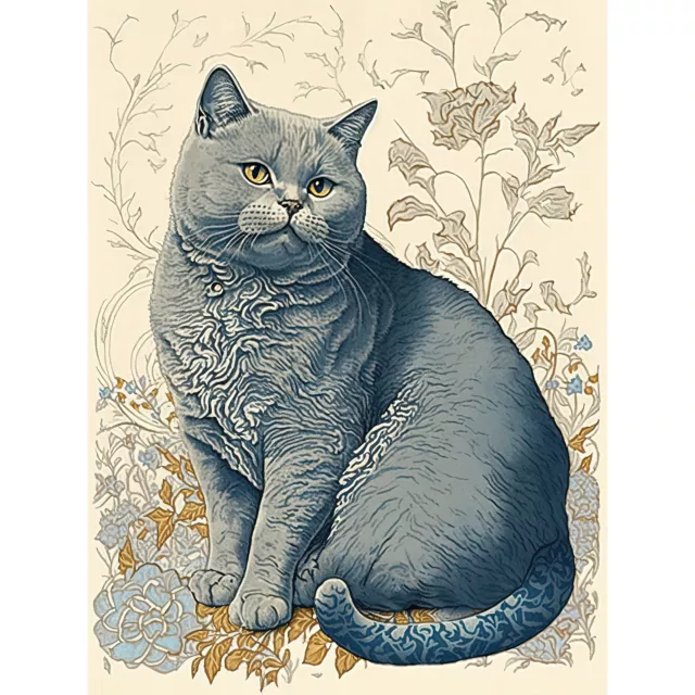 William Morris Inspired Cat with Flowers Canvas Poster Print Picture Wall Art