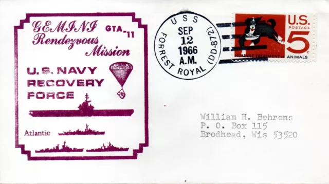 GEMINI 11 Gordon & Conrad RECOVERY SHIP USS FORREST ROYAL 1966 Space cover