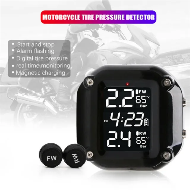 TPMS LCD Motorcycle Wireless Tire Tyre Pressure Monitor Alarm System w/2 Sensors