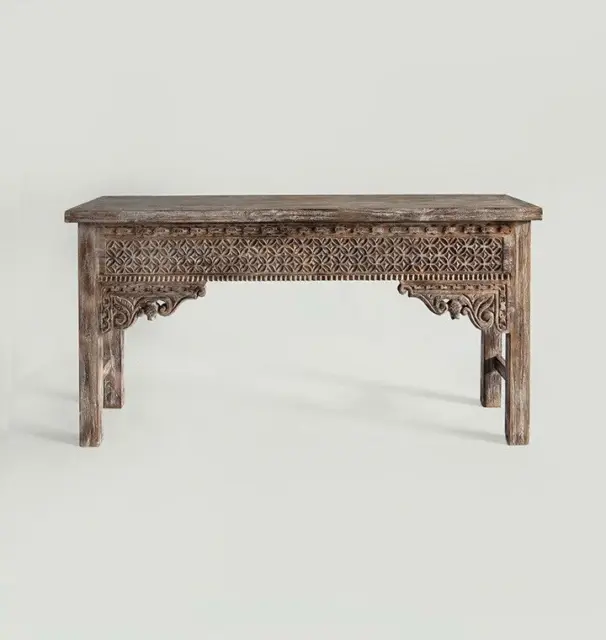 Antique Indian Handmade Hand Carved Floral Solid Wood Console Table