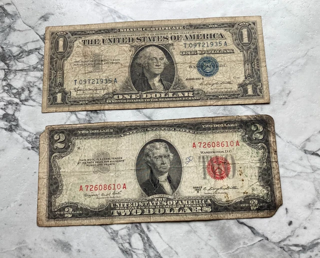 1957 $1 Dollar Silver Certificate Blue Seal & 1953 $2 Dollar Bill Red Seal Note