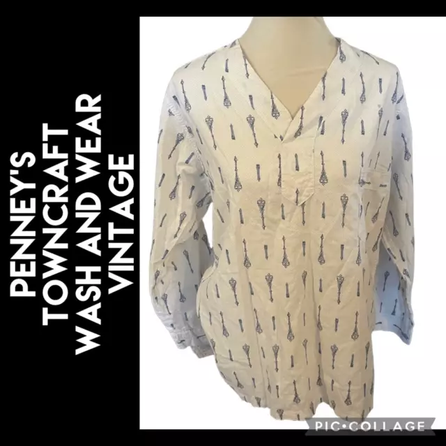 Penney's Towncraft Men's White Blue Wash And Wear Vintage Sleep Shirt 38/40