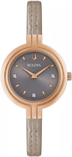 Bulova 97P143 3 Diamond Rose Gold Gray Dial Taupe Leather Band Women's Watch