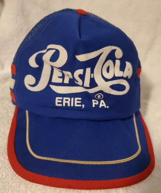 VTG 1980s Pepsi Cola 3 Stripe Trucker Hat Cap Mesh Red White Blue Erie PA Read